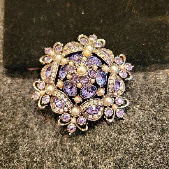 Joan Rivers Silver Dome Brooch w/ Purple, Clear Rhinestones and Faux Pearls - Picture 1 of 6